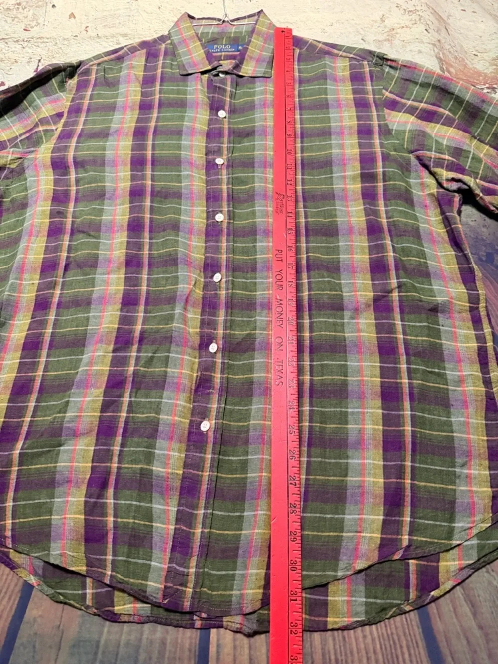 100% Linen Polo by Ralph Lauren Olive and Purple Plaid Button-Down Shirt